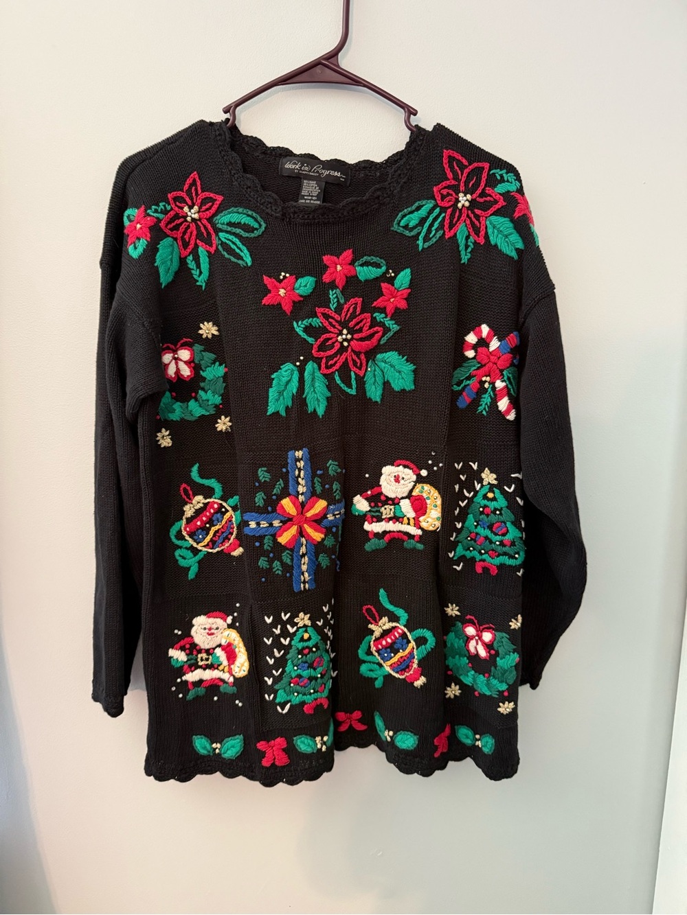 Vintage Work in Progress , knit Christmas sweater with embroidery size medium